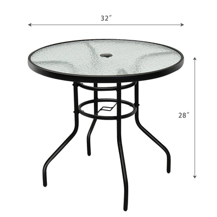 Patio Tempered Glass Steel Frame Round Table with Convenient Umbrella Hole 32 Inch, Costway, 5