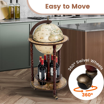 Wooden Globe Liquor Bottle Wine Rack with Wheels, 17 Inch Italian Style Design, Costway, 9