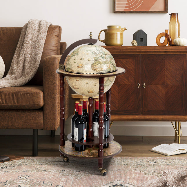 Wooden Globe Liquor Bottle Wine Rack with Wheels, 17 Inch Italian Style Design, Costway, 2