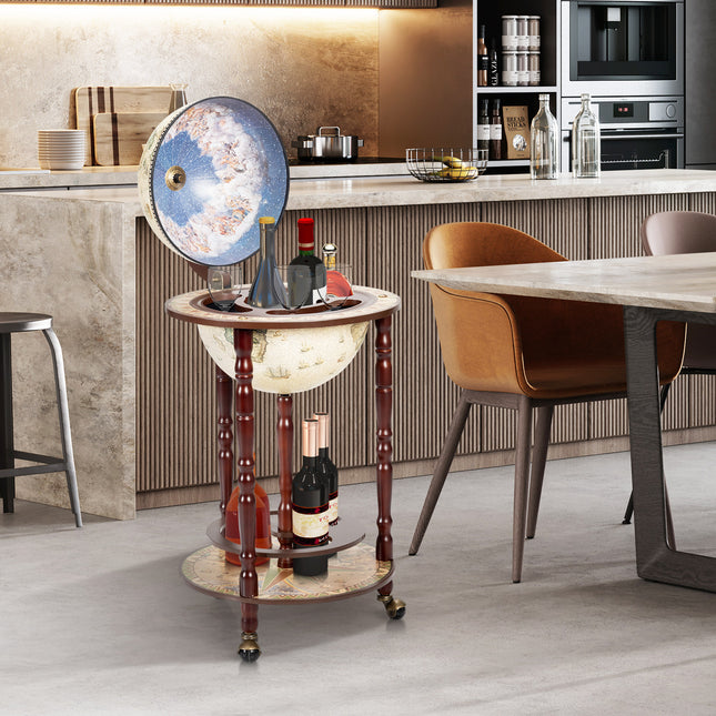 Wooden Globe Liquor Bottle Wine Rack with Wheels, 17 Inch Italian Style Design, Costway, 3