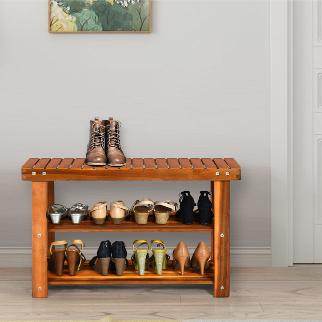 Freestanding Wood Bench with 3-Tier Storage Shelves, Costway, 1