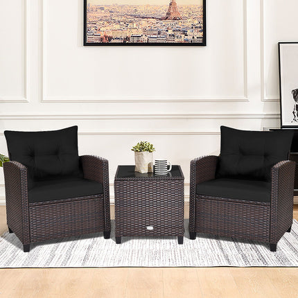 Patio Rattan Furniture Set Cushioned Conversation Set Coffee Table, Black, 3 Pcs , Costway, 2