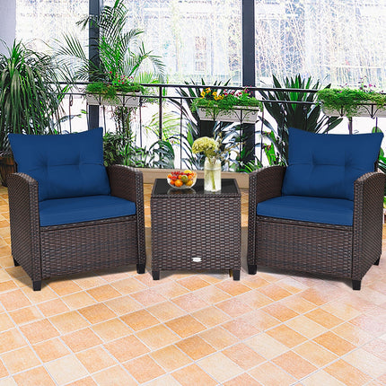 Patio Rattan Furniture Set Cushioned Conversation Set Coffee Table, Navy, 3 Pcs , Costway, 3