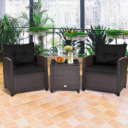 Patio Rattan Furniture Set Cushioned Conversation Set Coffee Table, Black, 3 Pcs , Costway
