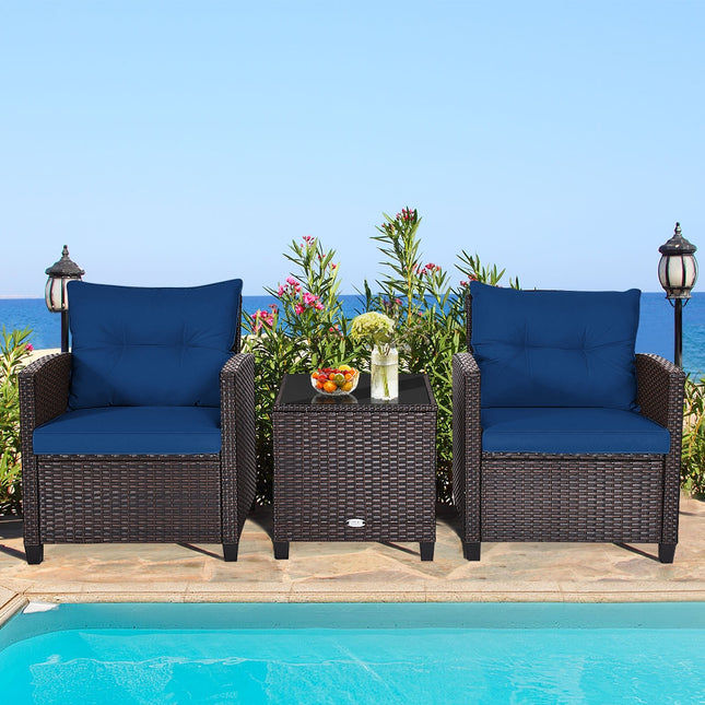 Patio Rattan Furniture Set Cushioned Conversation Set Coffee Table, Navy, 3 Pcs , Costway, 2