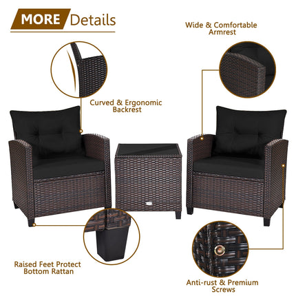 Patio Rattan Furniture Set Cushioned Conversation Set Coffee Table, Black, 3 Pcs , Costway, 8