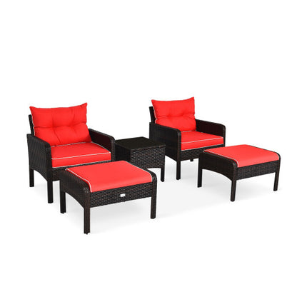 Patio Rattan Sofa Ottoman Furniture Set with Cushions,  5 Pieces, Red, Costway, 1