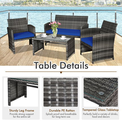 Patio Rattan Furniture Set with Glass Table and Loveseat, Navy, 4 Pieces , Costway