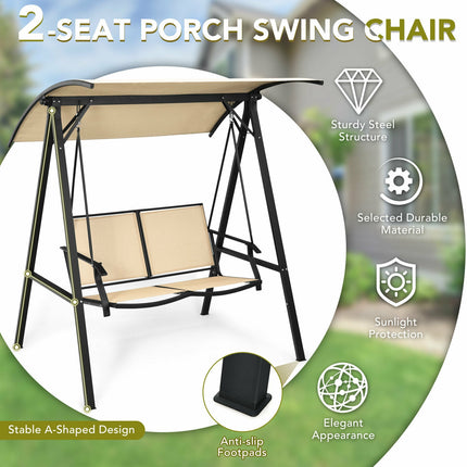 Outdoor Porch Steel Hanging 2, Seat Swing Loveseat with Canopy, Beige, Costway, 4