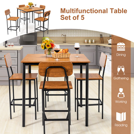 Industrial Dining Table Set with Counter Height Table and 4 Bar Stools, 5 Piece, Walnut, Costway, 2