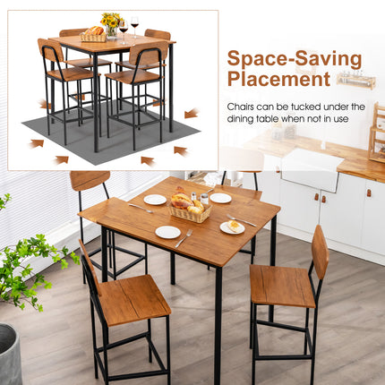 Industrial Dining Table Set with Counter Height Table and 4 Bar Stools, 5 Piece, Walnut, Costway, 4