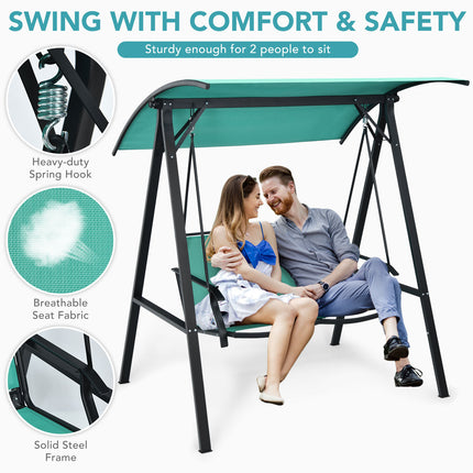 Outdoor Porch Steel Hanging 2, Seat Swing Loveseat with Canopy, Turquoise, Costway