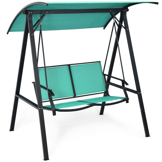 Outdoor Porch Steel Hanging 2, Seat Swing Loveseat with Canopy, Turquoise, Costway, 2
