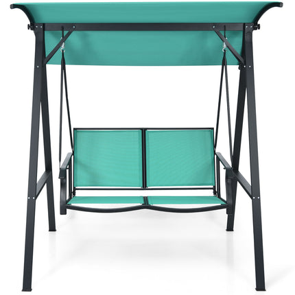 Outdoor Porch Steel Hanging 2, Seat Swing Loveseat with Canopy, Turquoise, Costway, 9