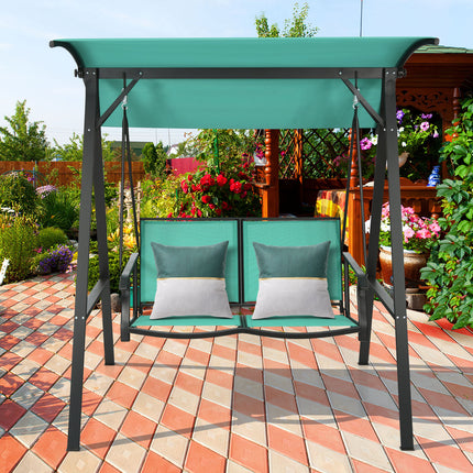 Outdoor Porch Steel Hanging 2, Seat Swing Loveseat with Canopy, Turquoise, Costway, 8