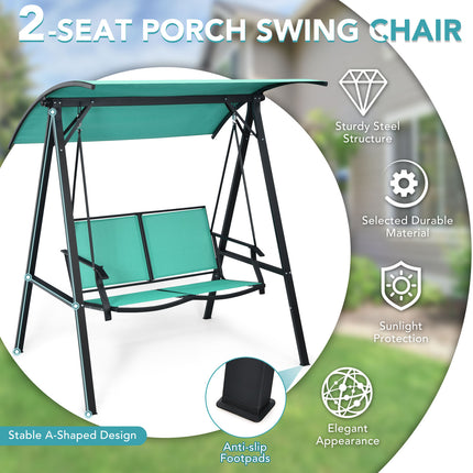 Outdoor Porch Steel Hanging 2, Seat Swing Loveseat with Canopy, Turquoise, Costway, 4