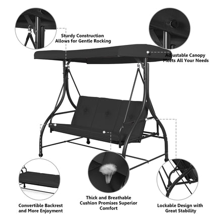 Converting Outdoor Swing Canopy Hammock with Adjustable Tilt Canopy, 3 Seats, Black, Costway, 6