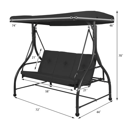 Converting Outdoor Swing Canopy Hammock with Adjustable Tilt Canopy, 3 Seats, Black, Costway, 5