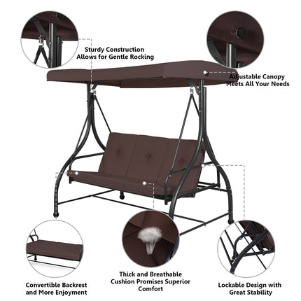 Converting Outdoor Swing Canopy Hammock with Adjustable Tilt Canopy, 3 Seats, Brown, Costway, 6