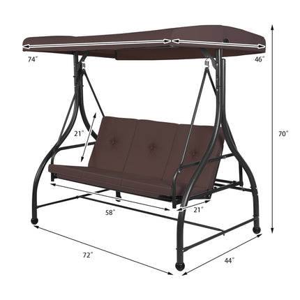 Converting Outdoor Swing Canopy Hammock with Adjustable Tilt Canopy, 3 Seats, Brown, Costway, 5