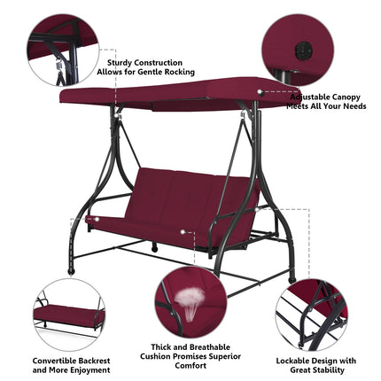 Converting Outdoor Swing Canopy Hammock with Adjustable Tilt Canopy, 3 Seats , Dark Red, Costway, 6
