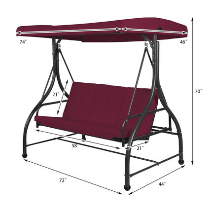 Converting Outdoor Swing Canopy Hammock with Adjustable Tilt Canopy, 3 Seats , Dark Red, Costway, 5
