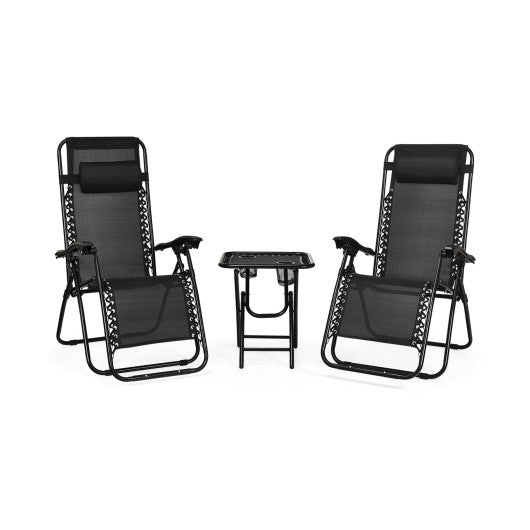 Folding Portable Zero Gravity Reclining Lounge Chairs Table Set, 3 Pieces Black, Costway, 1