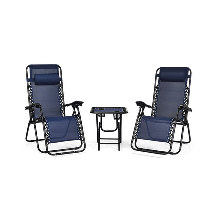 Outdoor Patio Furniture, Folding Portable Zero Gravity Reclining Lounge Chairs Table Set, Navy, 3 Pieces, Costway, 3