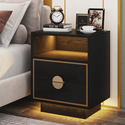 End Tabl, LED Nightstand, 2 Drawers Bedside End Table with Led Lights, Black, Tribesign, 9