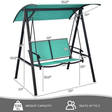 Outdoor Porch Steel Hanging 2, Seat Swing Loveseat with Canopy, Turquoise, Costway, 5