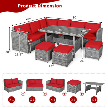 Outdoor Dining set, Patio Rattan Dining Furniture Sectional Sofa Set with Wicker Ottoman, Red, 7 Pieces, Costway, 8