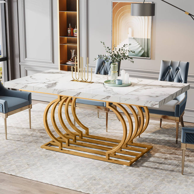 Dining Table, 63 inch Faux Marble Wood Kitchen Table with Geometric Frame, Faux Marble White Gold, Tribesigns