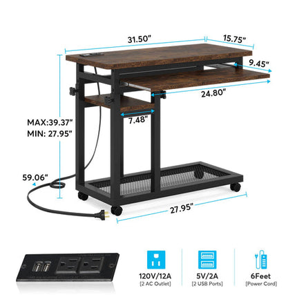 Portable Laptop Desk, C Table, Laptop Table for Sofa, Adjustable Laptop Desk, with Power Outlet, Rolling, Tribesigns, 7