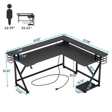 L Shaped Desk, Gaming Desk, L-Shaped Gaming Desk, Computer Desk with Monitor Stand, 2 USB ports, 2 AC outlets, Tribesigns, 8