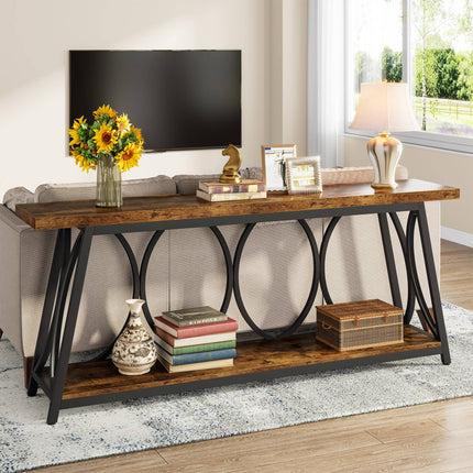 Console Table, 70.9-Inch Industrial Sofa Table Behind Couch with 2-Tier Shelves Tribesigns, Rustic Brown, 3