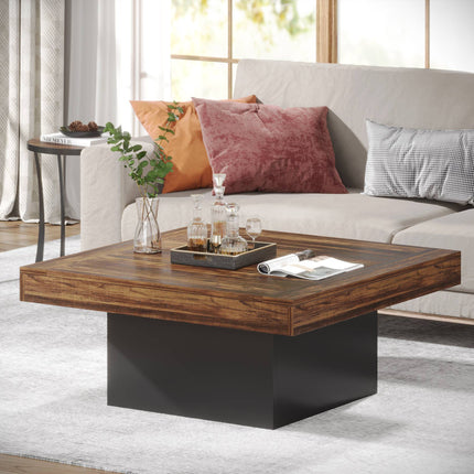Tribesigns - Square Coffee Table, Farmhouse Wood Cocktail Table with LED Light, Rustic Brown & Black