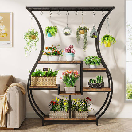 Plant Stand, Vase Shape 6-Tier Plant Display Rack with 10 Hanging Hooks, Brown & Black, 2