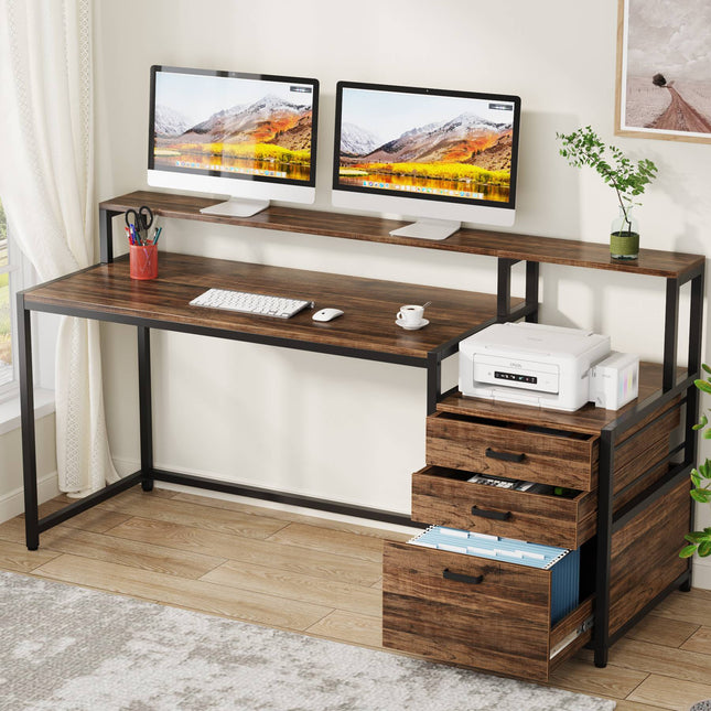 Computer Desk, 63-Inch Home Office Desk with Drawers Monitor Stand Tribesigns, Rustic Brown