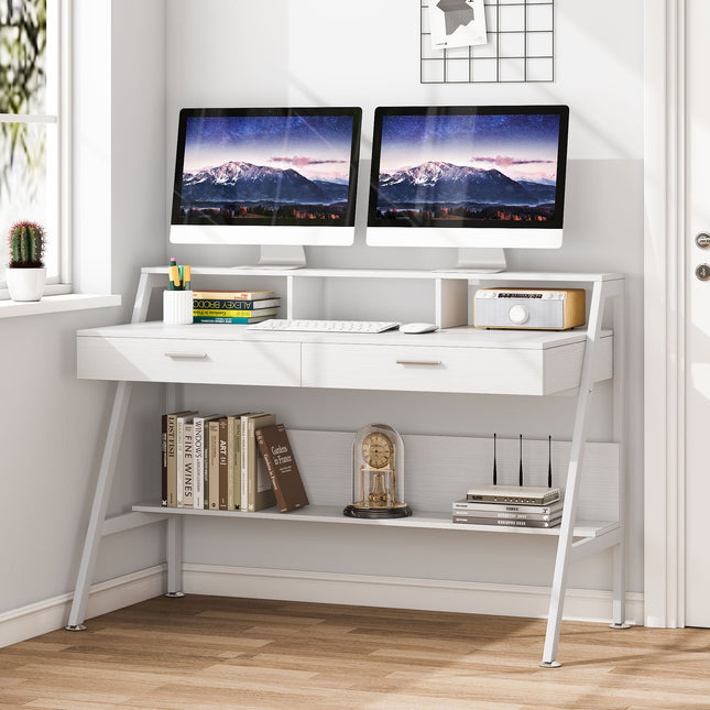 Computer Desk, 47-Inch Writing Desk with Storage Shelf & Drawers, White