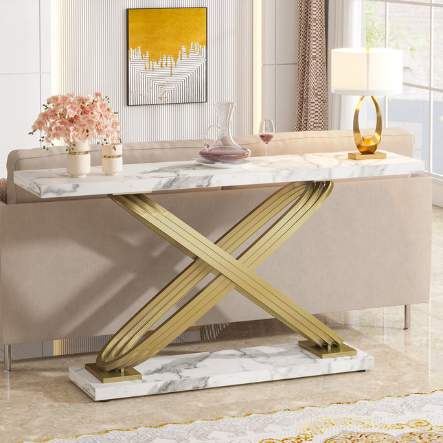 Console Table, 55-Inch Modern Faux Marble Sofa Entryway Table, Faux Marble White & Gold
