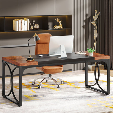 Executive Desk, 62.99", Office Computer Desk, with Metal Frame, Modern Computer Desk, Walnut & Black, Tribesigns, 1