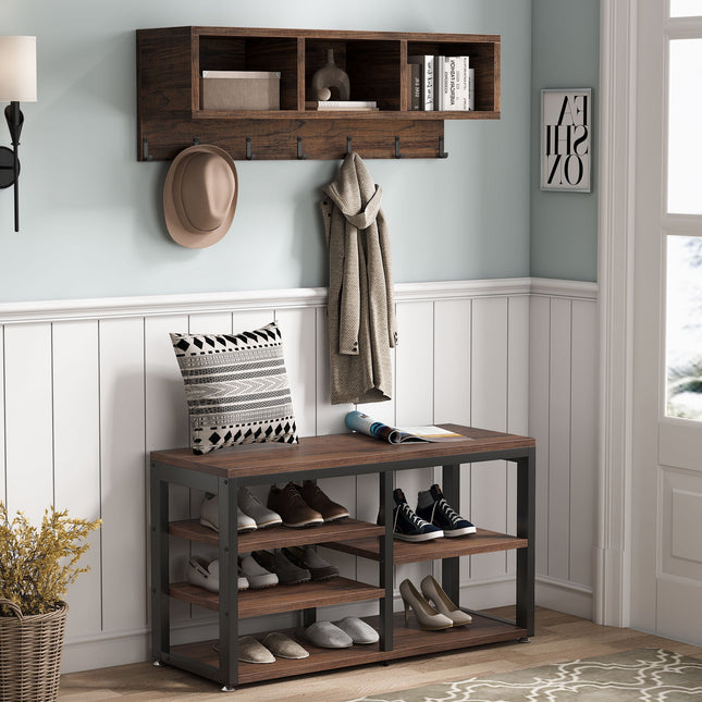 Coat Rack Shoe Bench Set, Hall Tree with Wall Mounted Shelf, Rustic Brown, 1