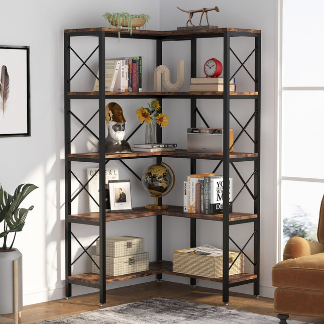 Corner Bookshelf, 5-Shelf Corner Etagere Bookcase, Etagere Bookcase,  Corner Shelves for Living Room, Tribesigns, 1