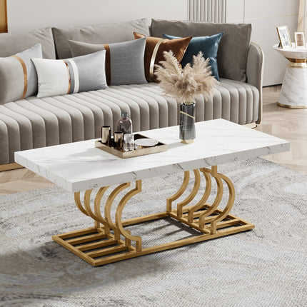 Coffee Table, 47" Faux Marble Cocktail Table with Geometric Frame