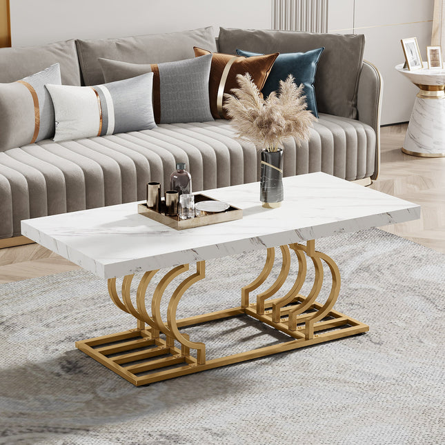 Coffee Table, 47-Inch Faux Marble Cocktail Table with Geometric Frame