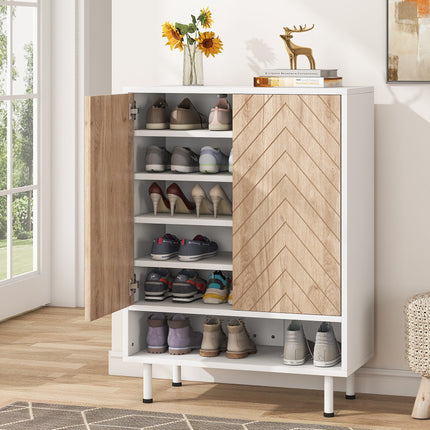 Shoe Rack, Hidden Shoe Storage, Shoe Cabinet, 18 Pair Shoe Rack Organizer Cabinet with Door, White & Brown, Tribesigns, 1