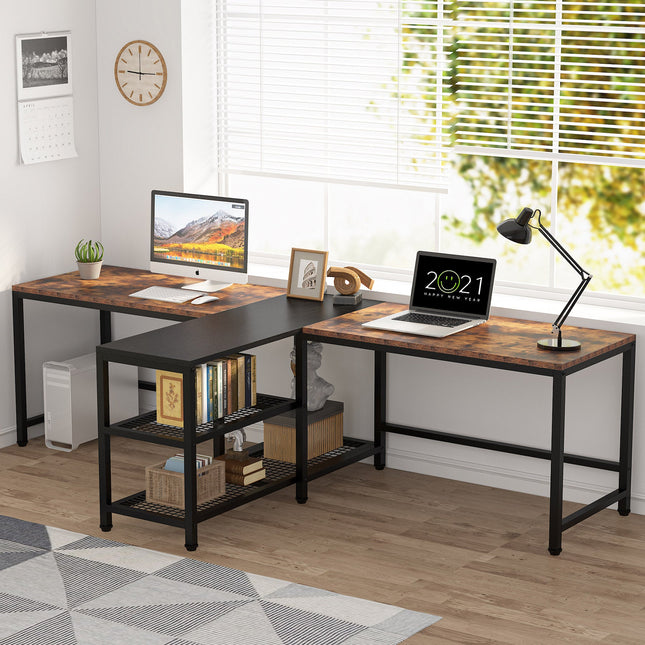 Two Person Desk, 94.5" Double Computer Desk with Shelves, Brown & Black, Tribesigns, 1