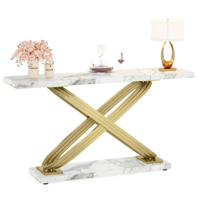 Console Table, 55 inch Modern Faux Marble Sofa Entryway Table, Faux Marble White & Gold, Tribesigns, 1