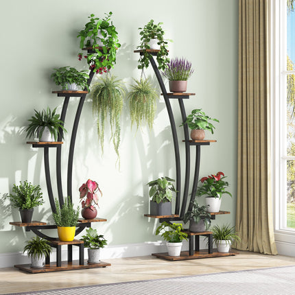 Plant Stand, Metal Curved Display Shelf Pack of 2, Rustic Brown