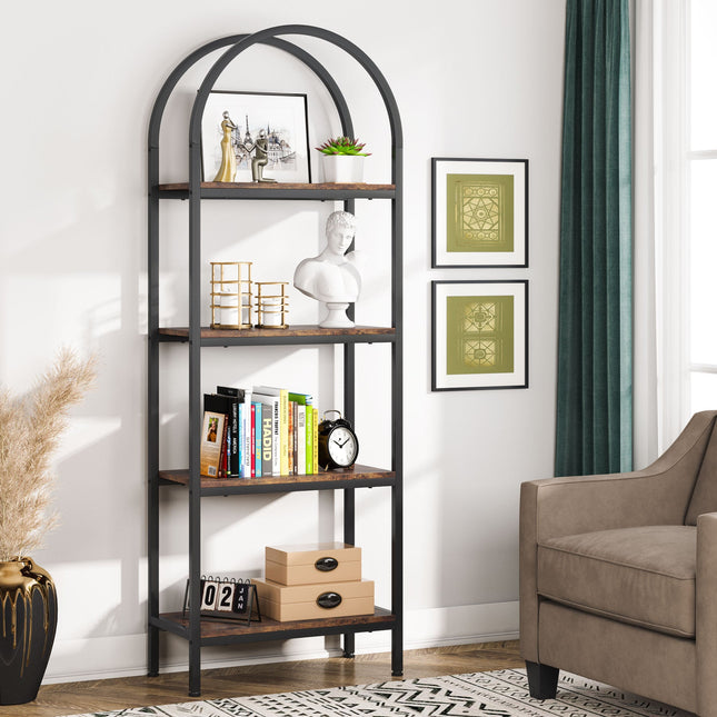 4-Tier Bookshelf, Arched Bookcase Display Rack with Storage Shelves, Rustic Brown, Tribesigns